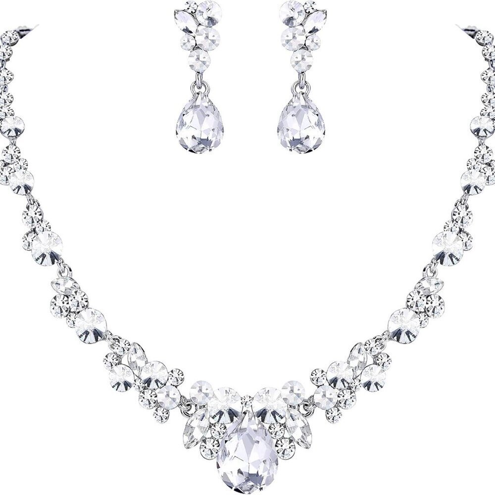 Rhinestone Crystal Elegant Bridal Floral Teardrop Necklace Earrings Set